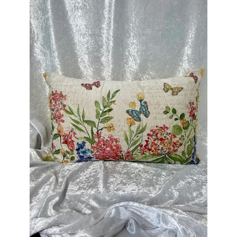 Primrose Vintage Floral Butterfly Beaded Fringed Throw Pillow Yellow Multicolor